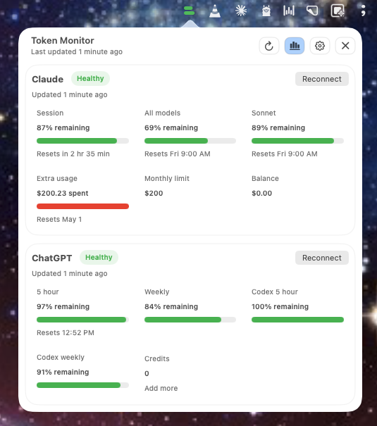 Token Monitor dashboard showing Claude and ChatGPT usage