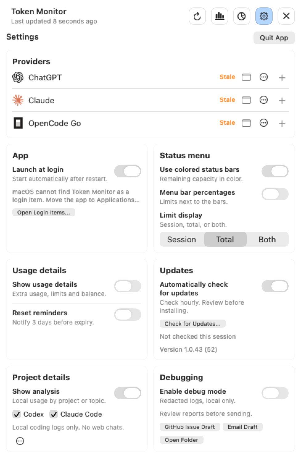 Compact Token Monitor Settings with provider logos and version number