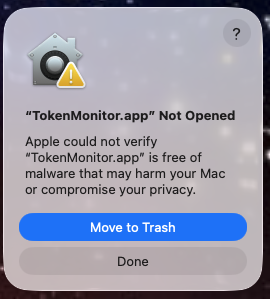 Gatekeeper warning with Done button